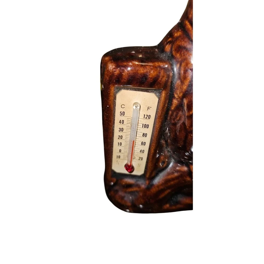 Vintage Bank Ceramic Owl Coin Brown With Thermometer 